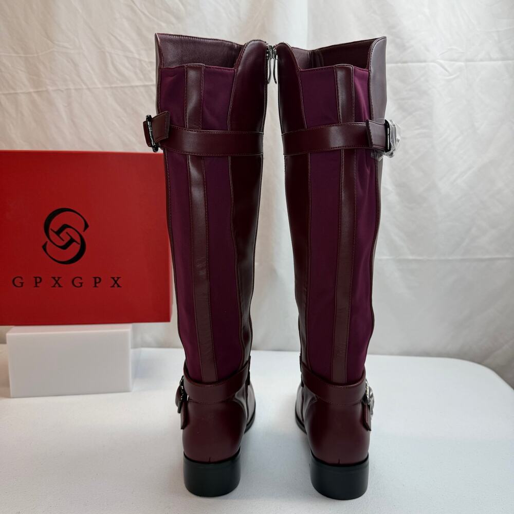 GPXGPX Women's Burgundy Knee High Boots Buckle Round Toe Low Heel Size 7 - Picture 5 of 9